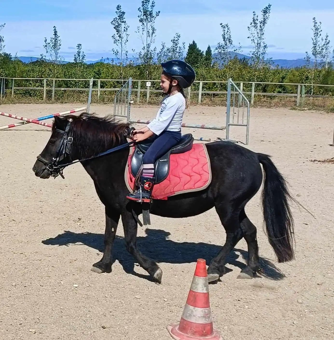 enfant de 3 ans qui monte sur une petite ponnette noire