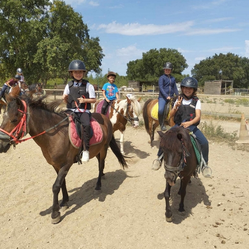 enfants souriants à cheval sur des poneys, ils marchent côte à côte